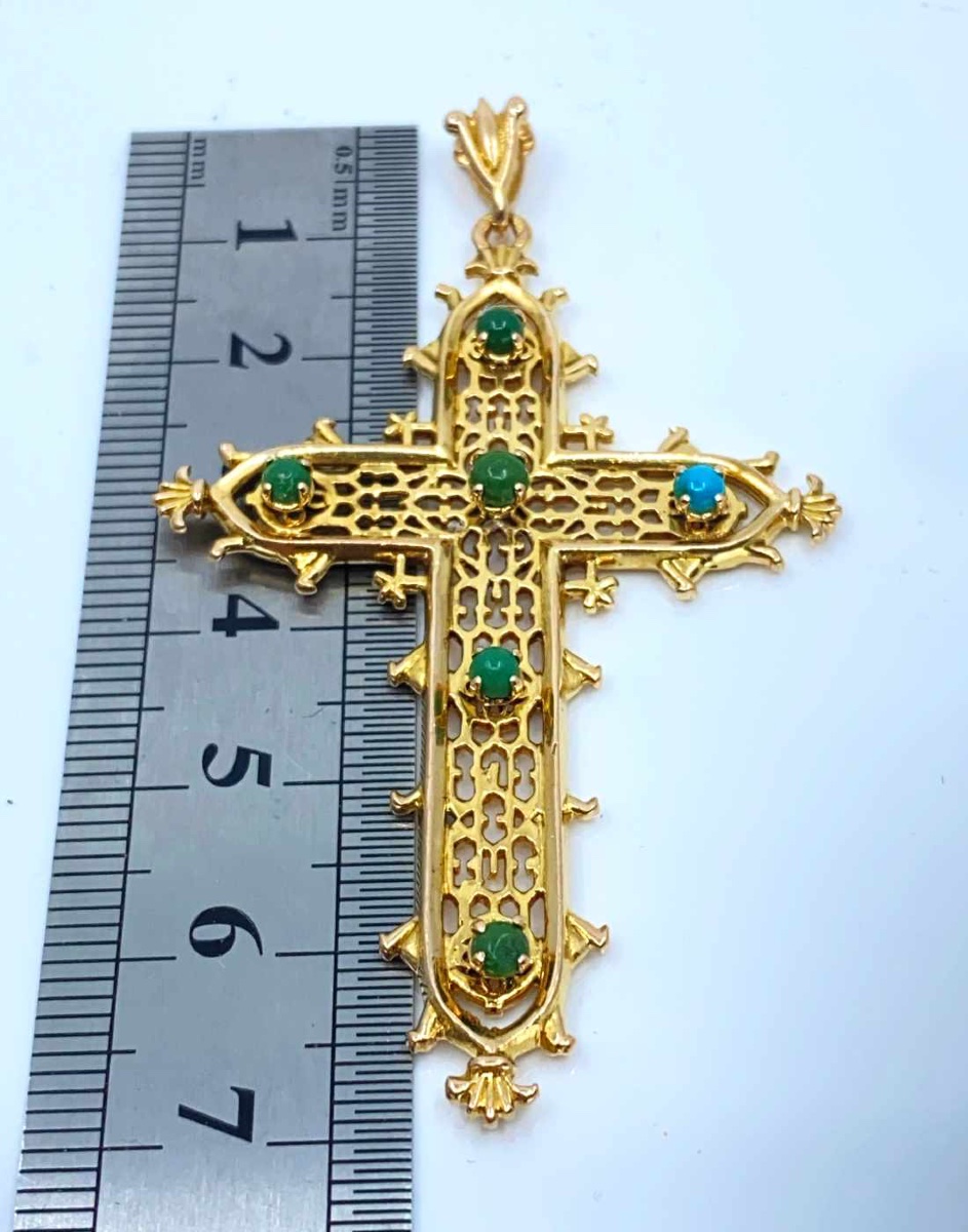 Pendentif Grande Croix du Pont D'Estaing Or Jaune & Turquoises-photo-4