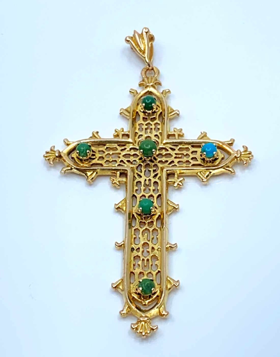 Pendentif Grande Croix du Pont D'Estaing Or Jaune & Turquoises