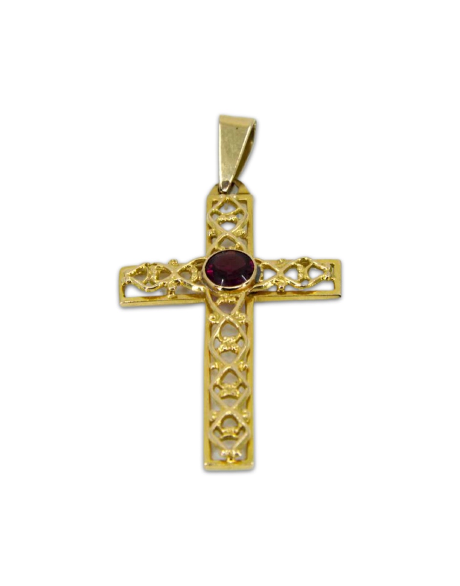 Vintage Crucifix Pendant In Yellow Gold & Garnet