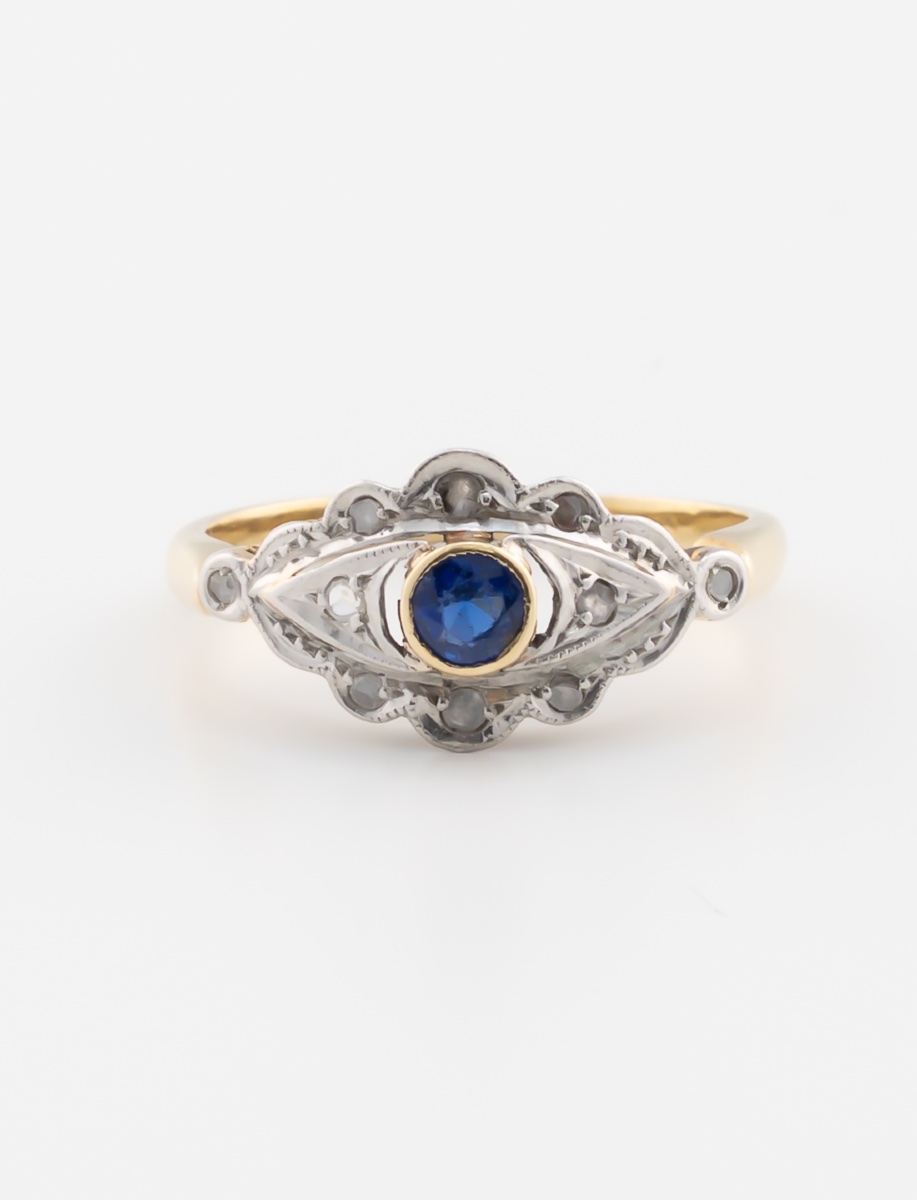 Antique Ring In Gold, Platinum, Sapphire, And Diamonds