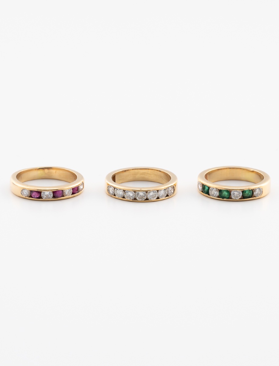 3 bagues Emeraudes, Rubis, Diamants