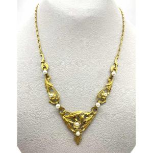 Collier Art Nouveau Or Jaune Et Perles