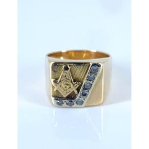 Bague Chevalière Vintage Symbole Maçon Or Jaune & Diamants