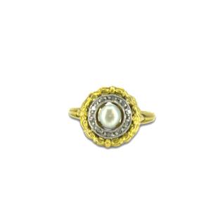 Vintage 2 Gold Ring, Natural Pearl & Diamonds