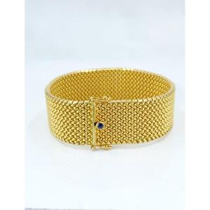 Bracelet Manchette Vintage Signée Caplain Or Jaune & Cabochon Saphir