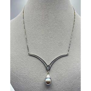 18k White Gold, Diamond & Pearl Pendant Necklace