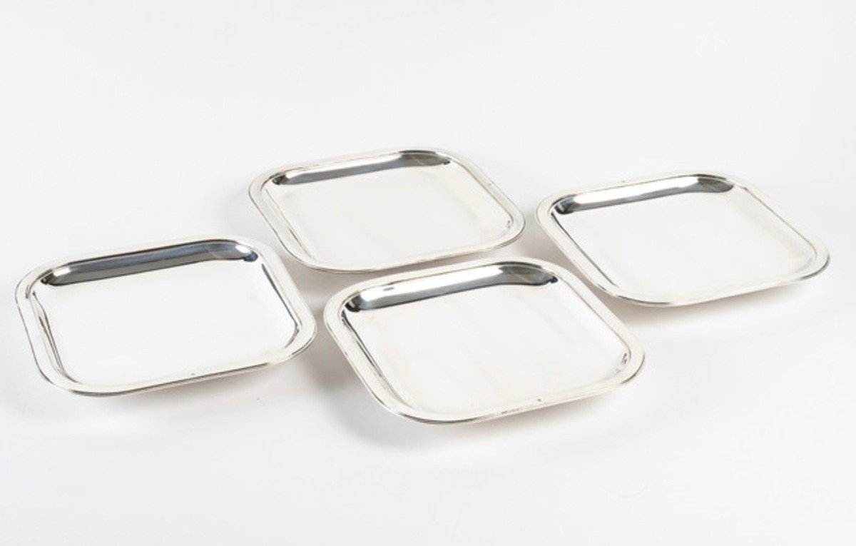 J.e. Puiforcat - Suite De 4 Plats De Presentation  Carrés En Argent Massif Art Deco 1930-photo-2