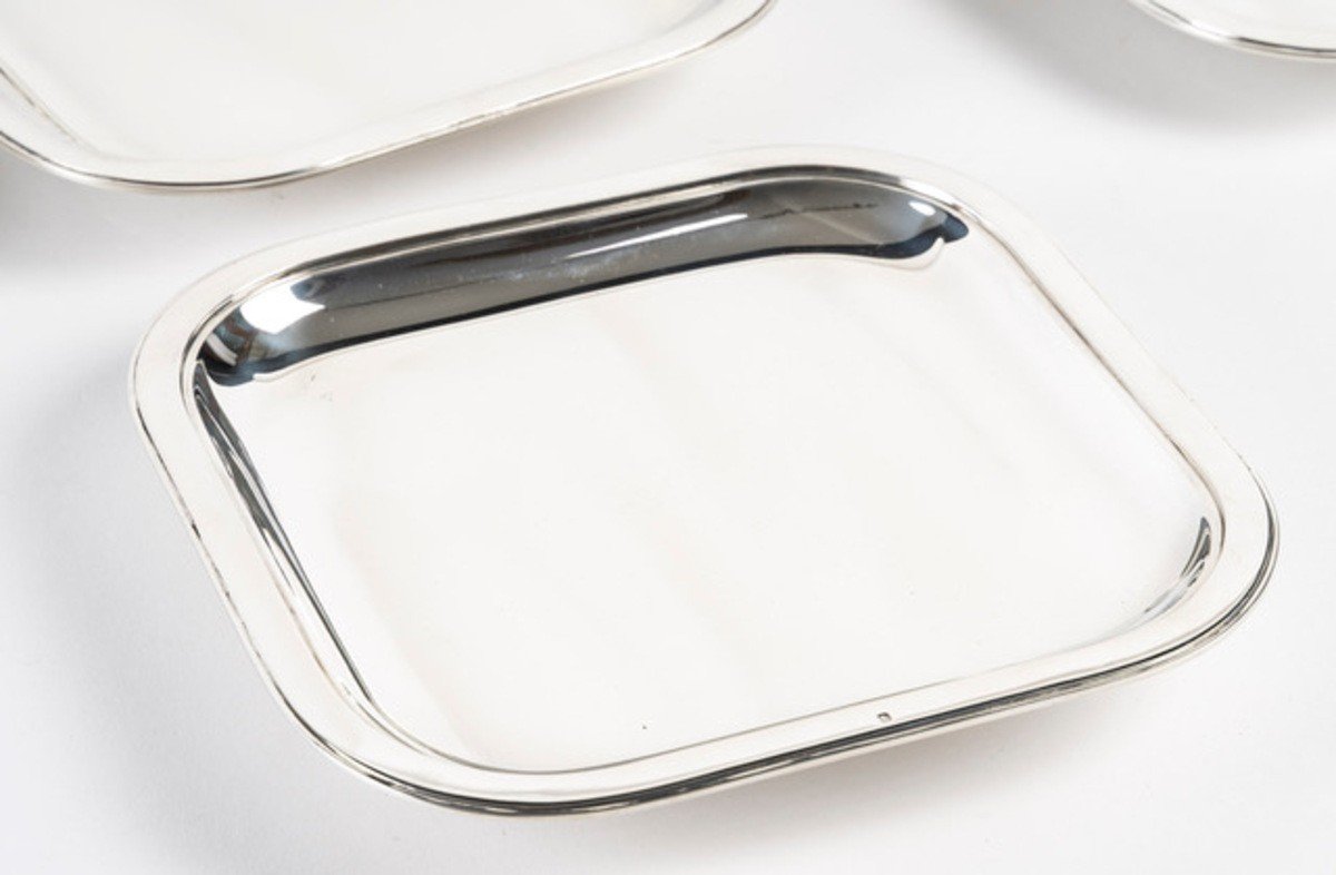 J.e. Puiforcat - Suite De 4 Plats De Presentation  Carrés En Argent Massif Art Deco 1930-photo-4