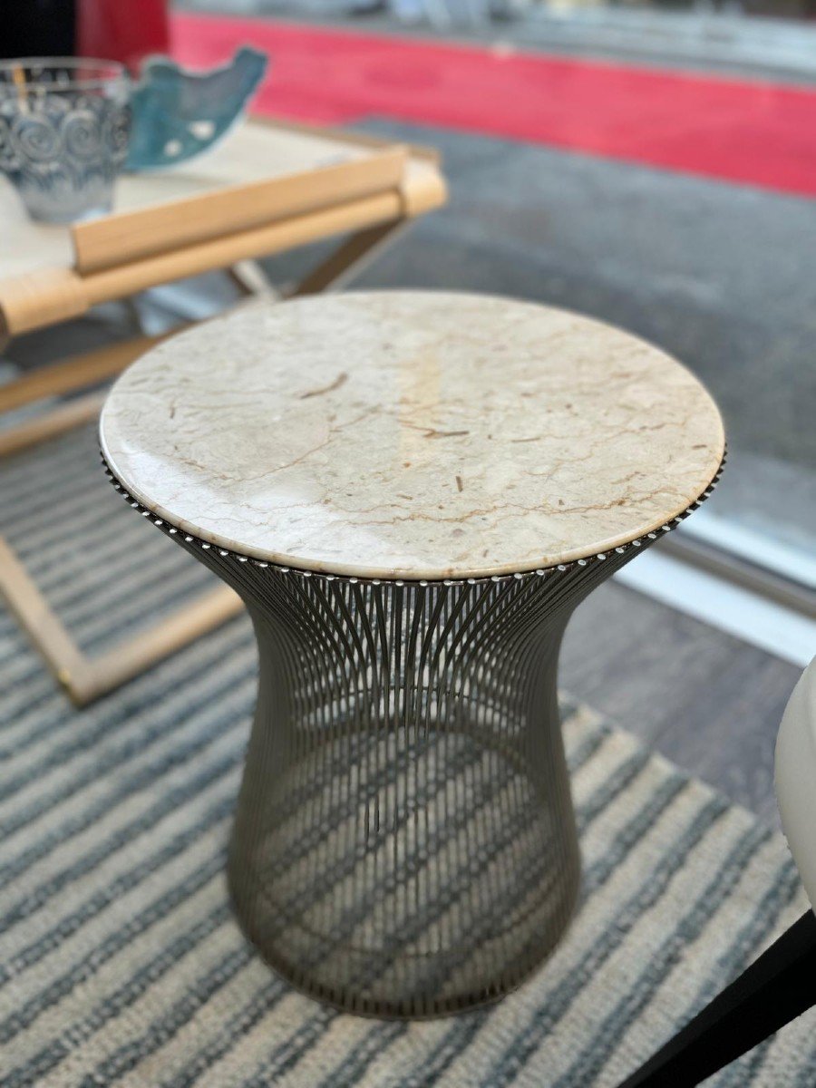 Knoll& Waren Platner, Pair Of Steel Side Tables, Beige Veined White Marble Top -photo-2