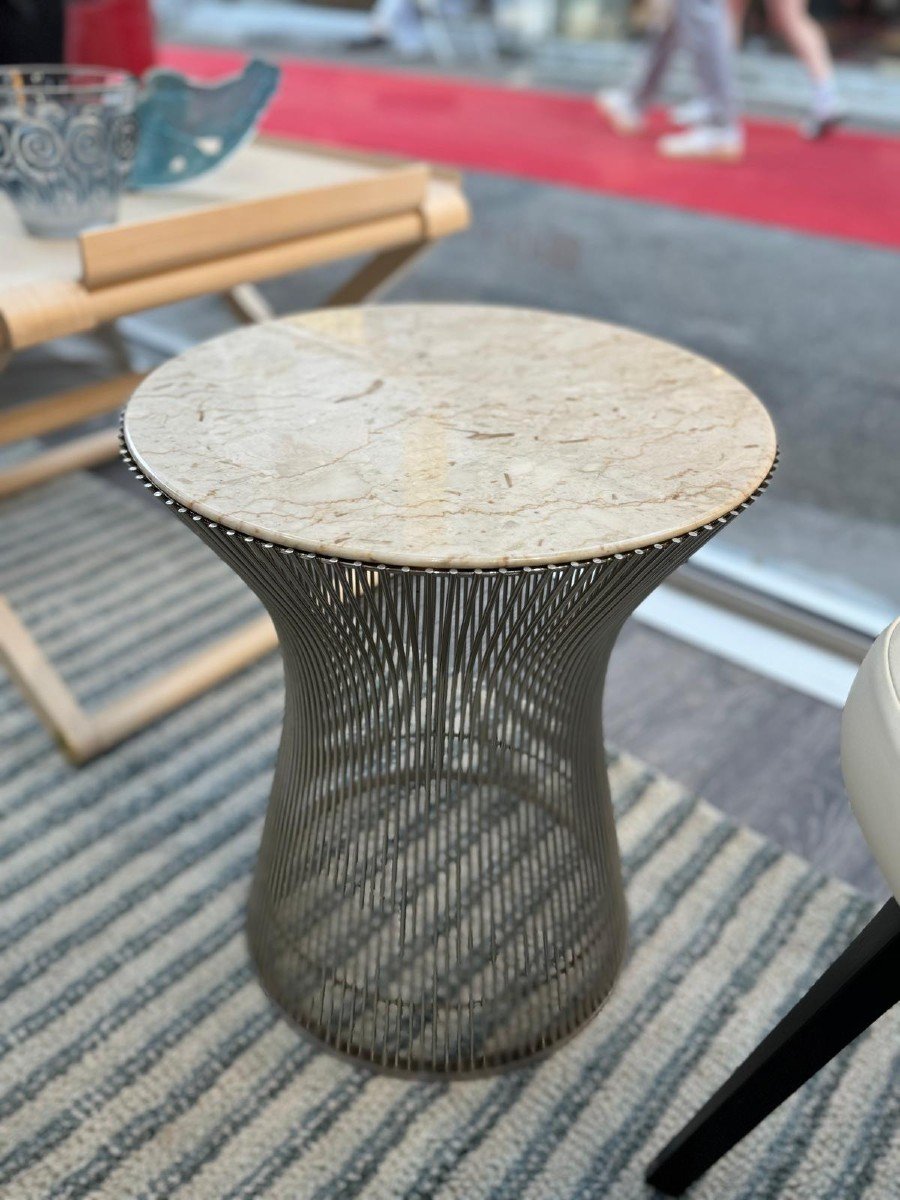 Knoll& Waren Platner, Pair Of Steel Side Tables, Beige Veined White Marble Top 