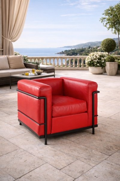 LE CORBUSIER ET PIERRE JEANNERET : Fauteuil "LC2" cuir rouge-photo-2