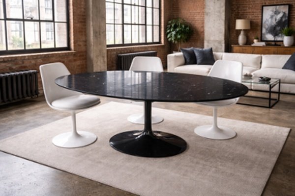 Eero Saarinen & Knoll International: Table "tulipe", marbre marquina et rilsan noir-photo-4