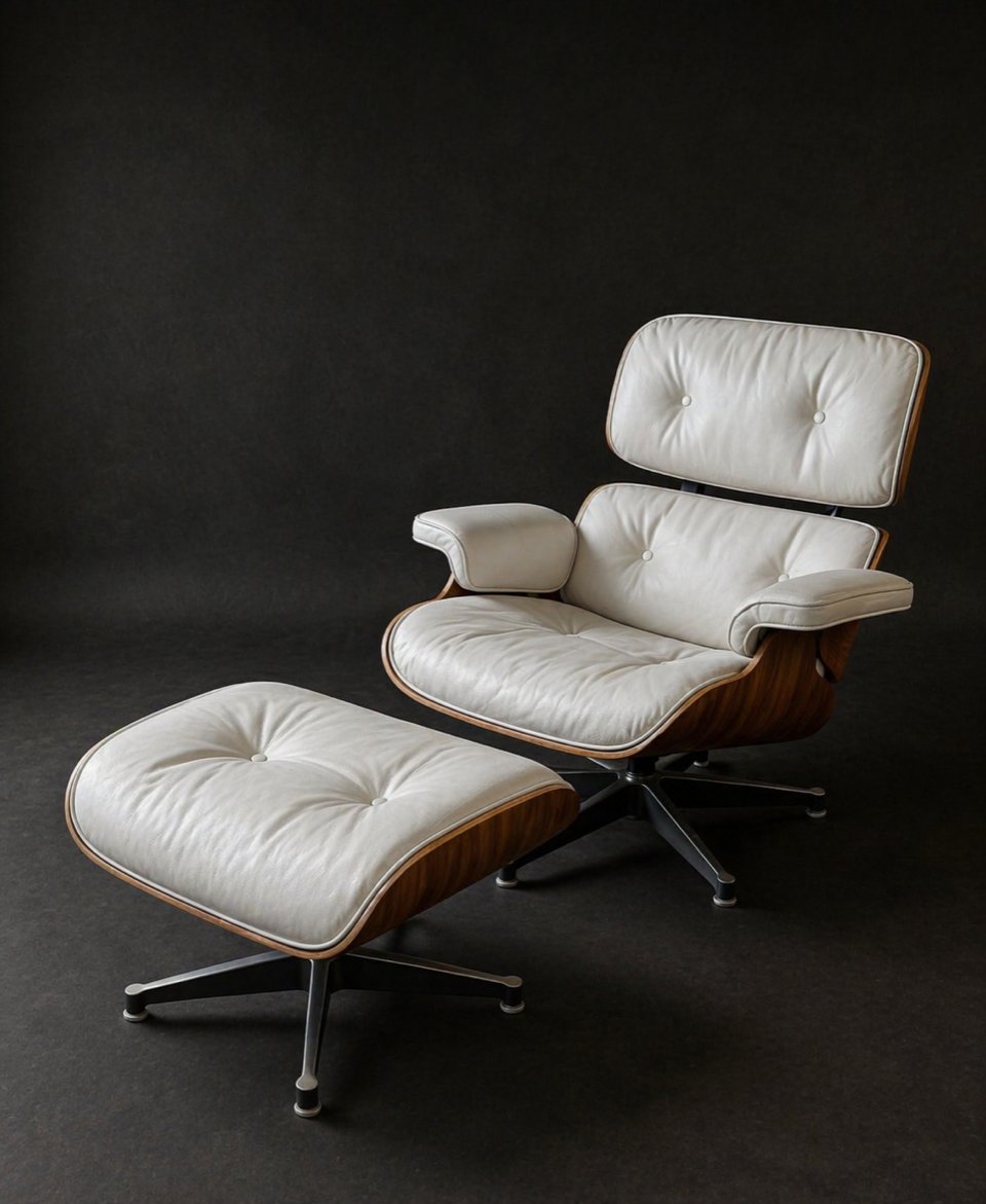Charles Et Ray Eames & Mobilier International - Lounge Chair Et Son Ottoman ,cuir Blanc-photo-6