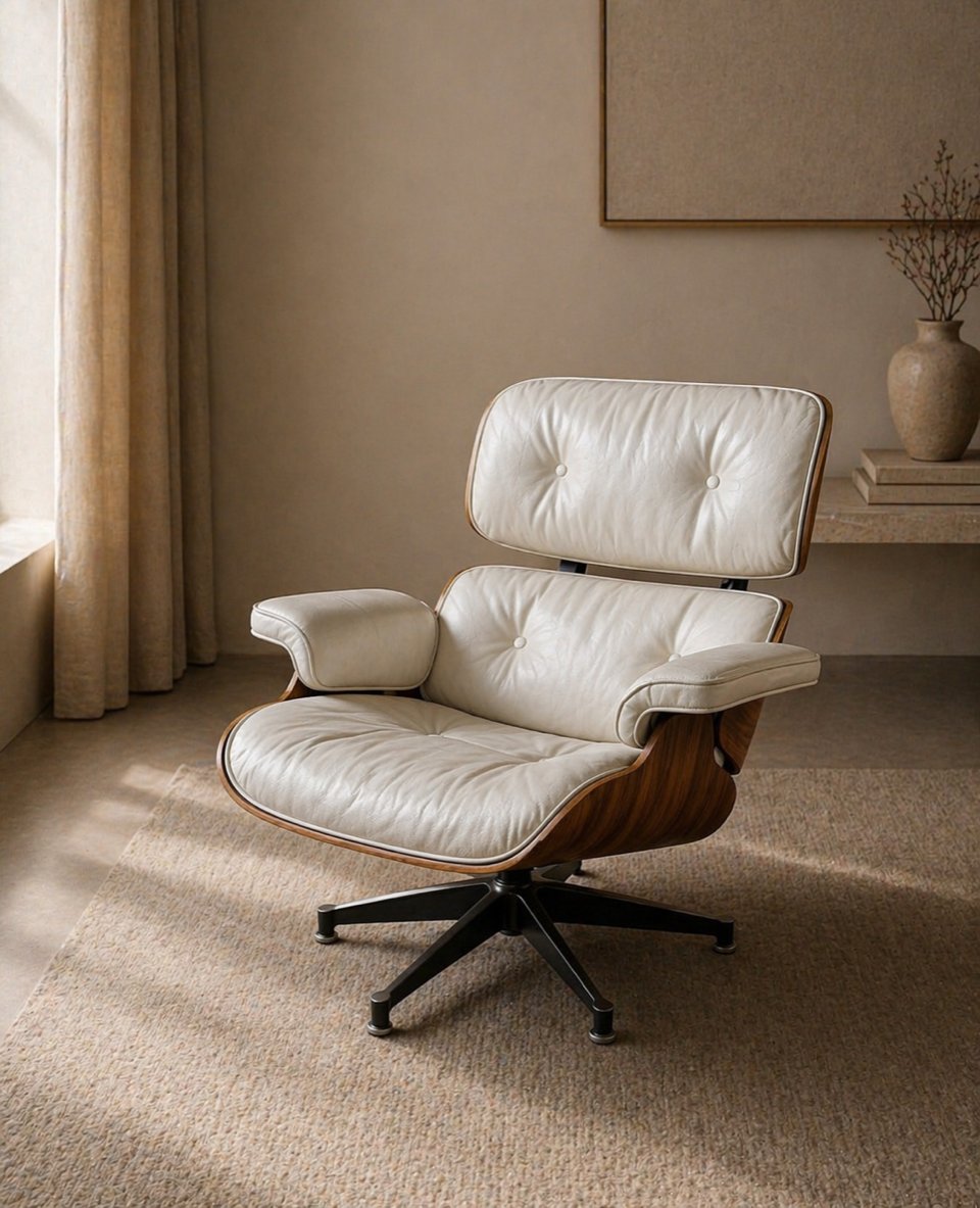 Charles et Ray Eames & Mobilier International - Lounge Chair cuir blanc et palissandre-photo-3
