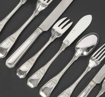 JEAN TETARD – C. CHRISTOFLE MENAGERE de 144 PIECES EN ARGENT MASSIF MODELE AUBUSSON Epoque 1930-photo-7