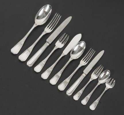 JEAN TETARD – C. CHRISTOFLE MENAGERE de 144 PIECES EN ARGENT MASSIF MODELE AUBUSSON Epoque 1930