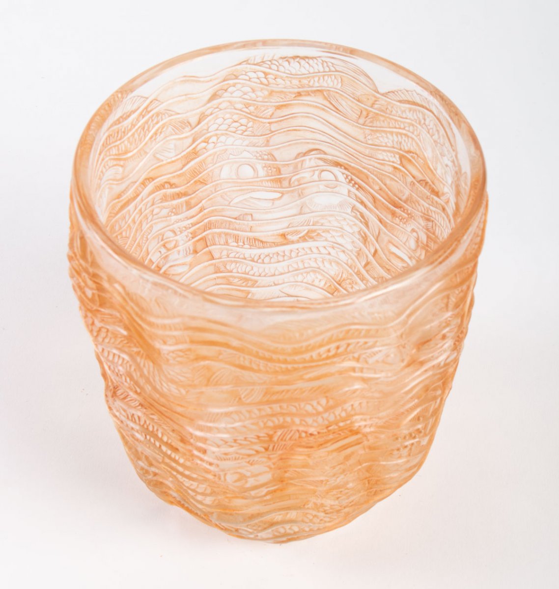 René Lalique: "dolphins" Vase In Patinated Sienna Glass-photo-4
