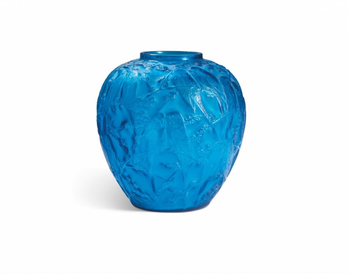 RenÉ Lalique Vase With "parakeets" Blue Glass-photo-2