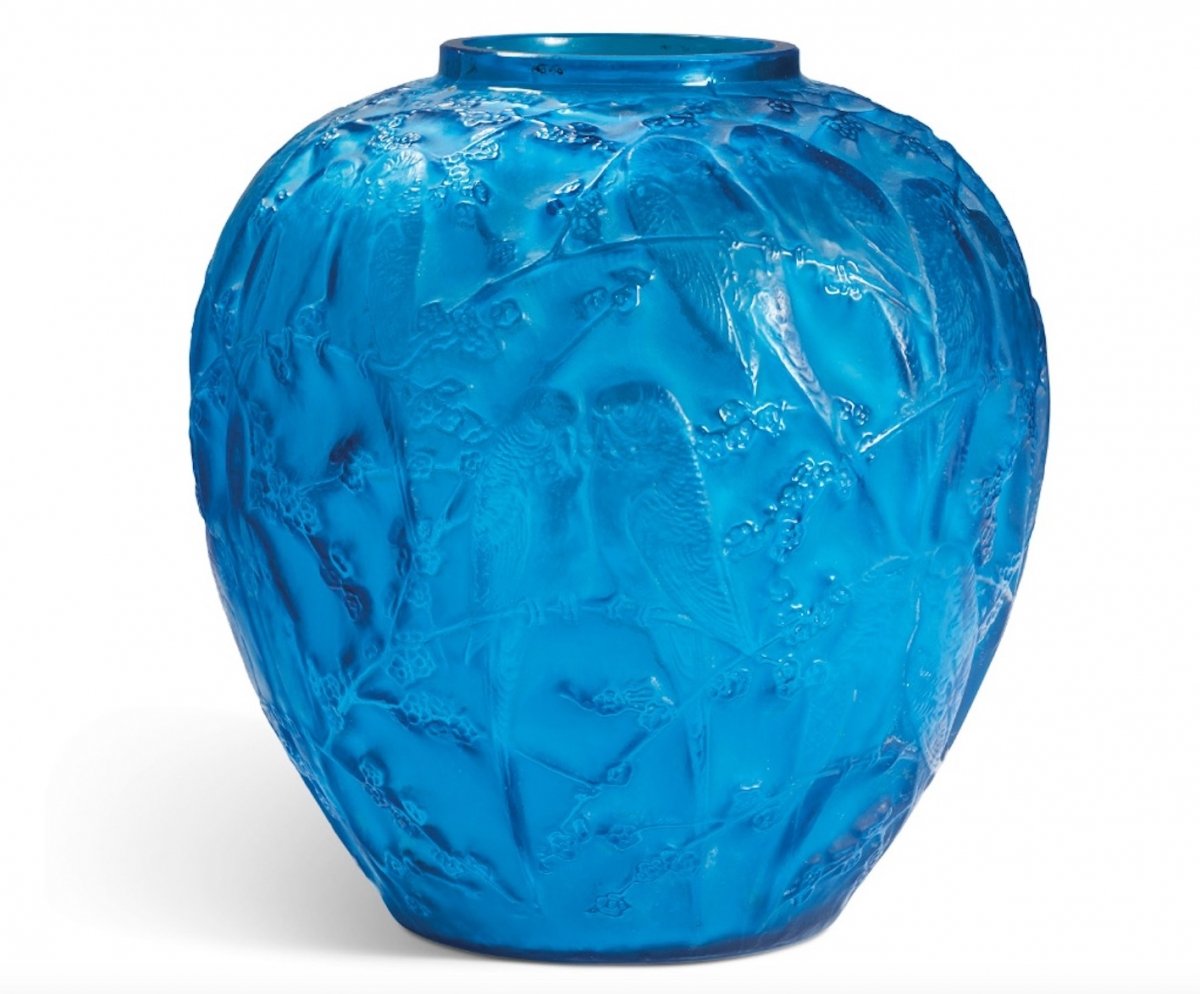RenÉ Lalique Vase With "parakeets" Blue Glass