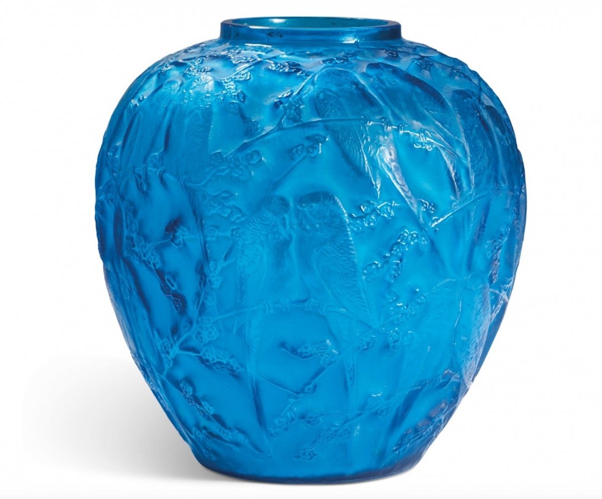 RenÉ Lalique Vase Aux «perruches» Verre Bleu