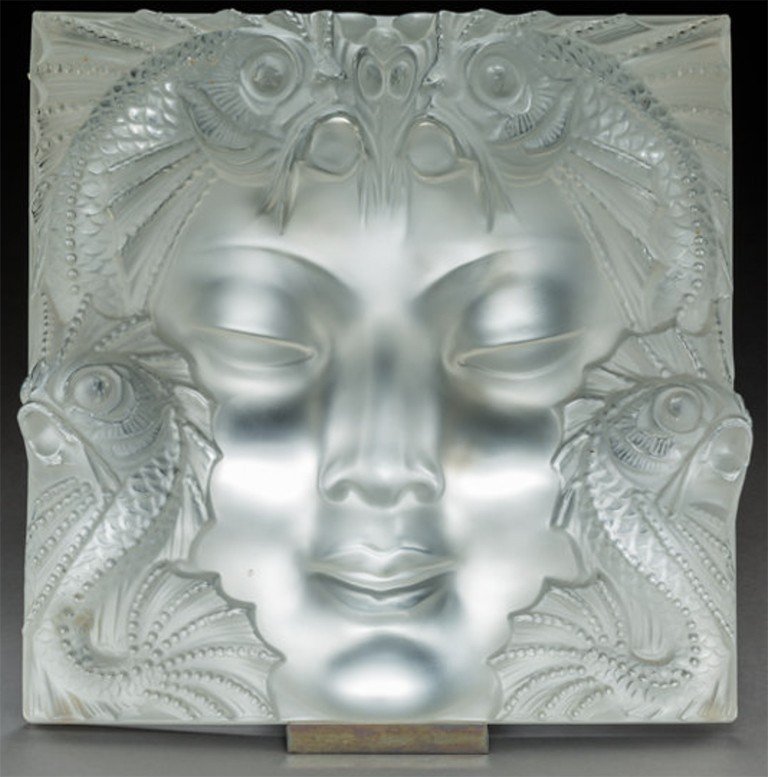 Lalique France: "woman's Mask" Decorative Plate, Metal Support-photo-1