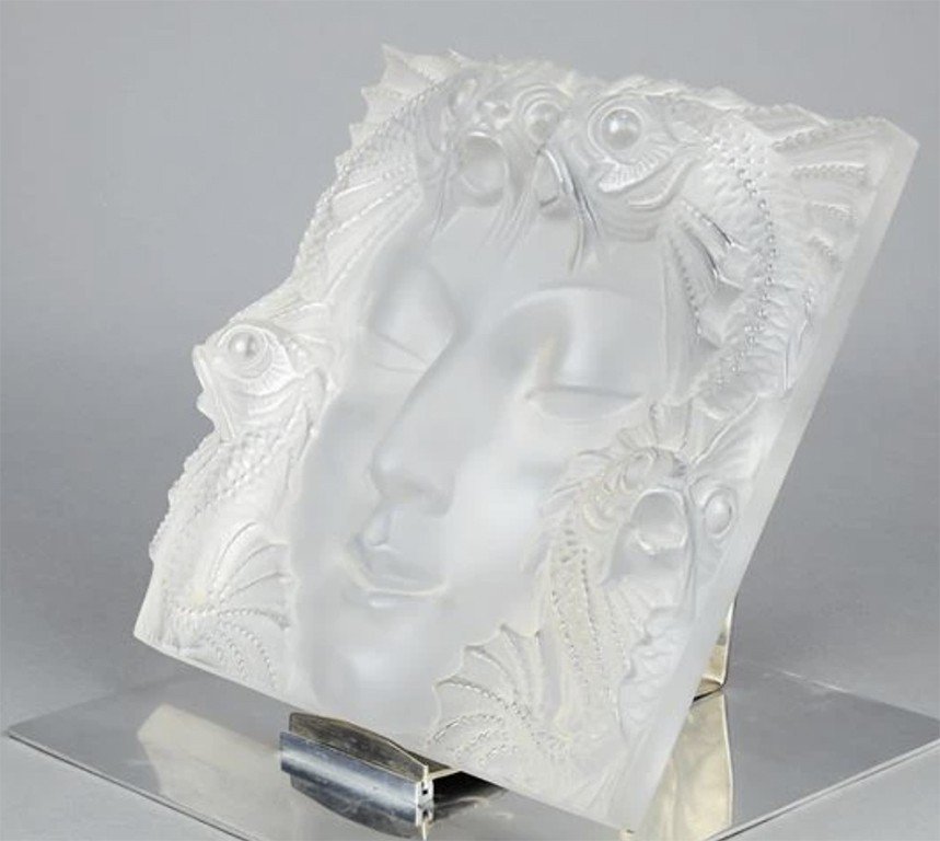 Lalique France: "woman's Mask" Decorative Plate, Metal Support-photo-2