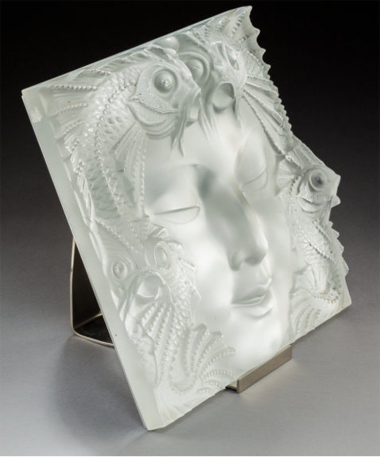 Lalique France: "woman's Mask" Decorative Plate, Metal Support-photo-3