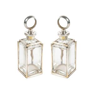 Lucien Falize : Pair Of Square Section Flasks In Sterling Silver And Crystal Circa 1905