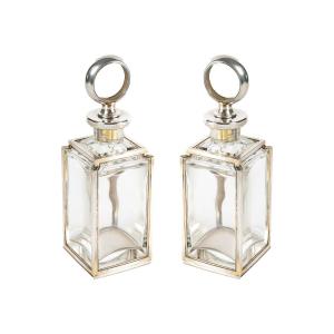 Lucien Falize : Pair Of Square Section Flasks In Sterling Silver And Crystal Circa 1905