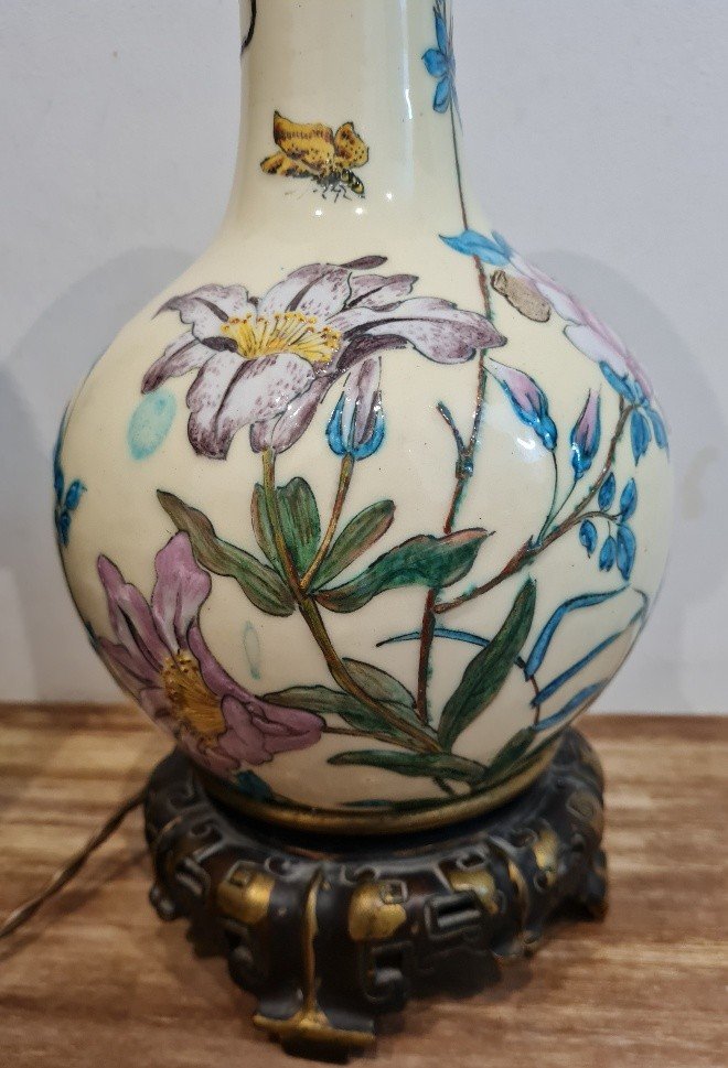 Théodore Deck - Ceramic Lamp With Floral And Insect Decor-photo-4