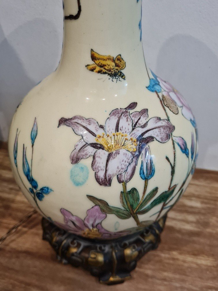 Théodore Deck - Ceramic Lamp With Floral And Insect Decor-photo-4