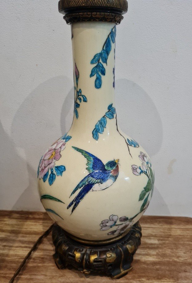 Théodore Deck - Ceramic Lamp With Floral And Insect Decor