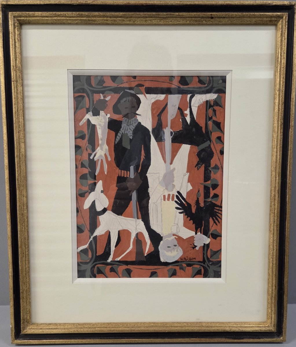 Henri Plisson - "La chasse"  , Gouache. Années 50-photo-2