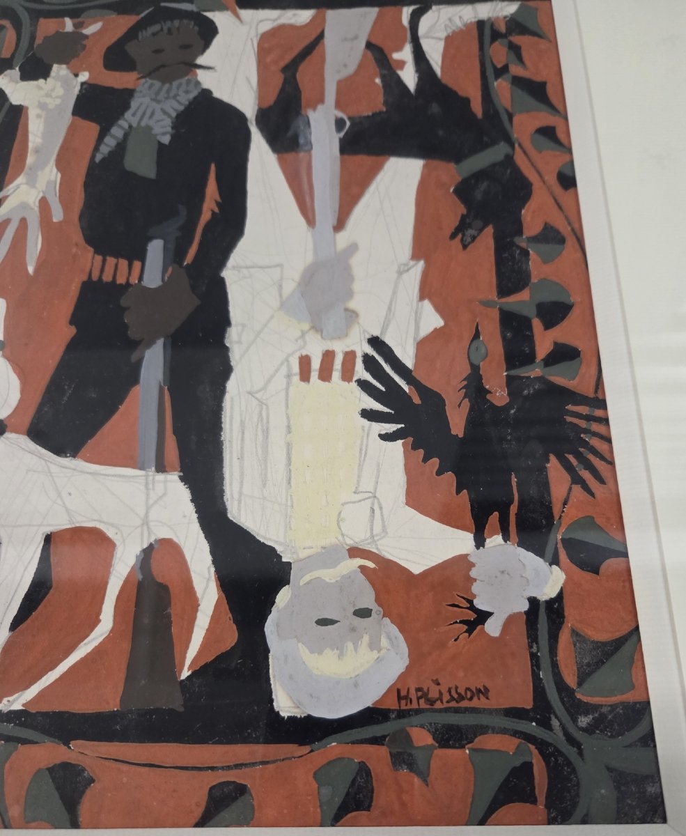 Henri Plisson - "La chasse"  , Gouache. Années 50-photo-3