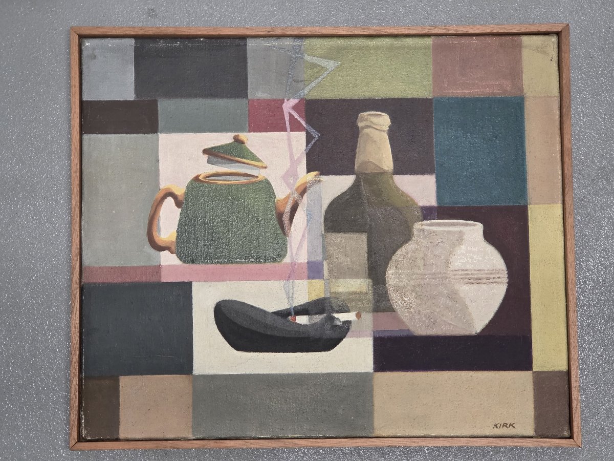 Frank Kirk - Huile sur toile, nature morte cubisante-photo-2