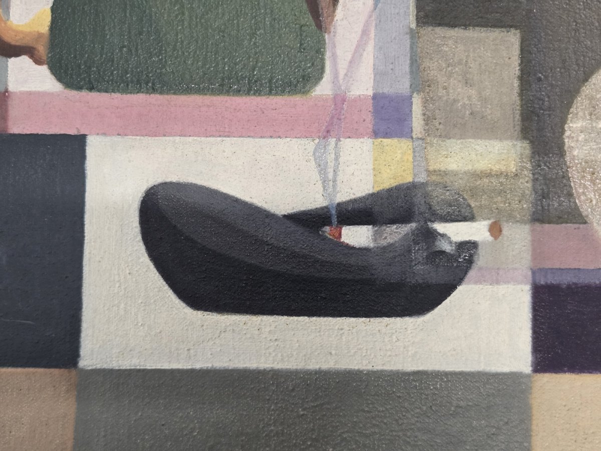 Frank Kirk - Huile sur toile, nature morte cubisante-photo-3