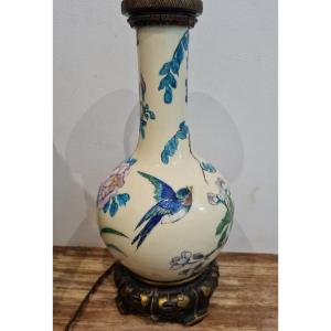 Théodore Deck - Ceramic Lamp With Floral And Insect Decor