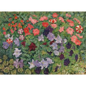 Jacques-martin Ferrières, Jardin sud, petunias roses, mauves et violets