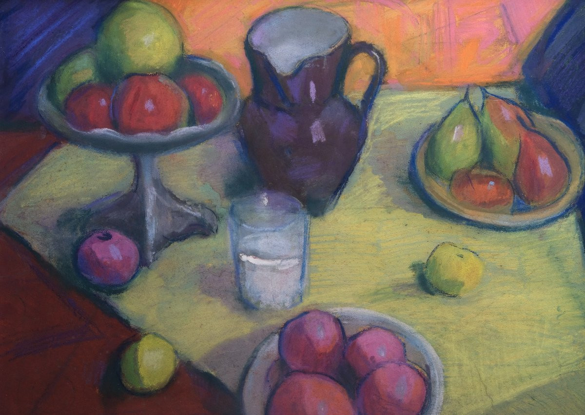 Still Life With Pitcher - Lyon School - Jean Perret - 20th Century - Pastel And Gouache --photo-2
