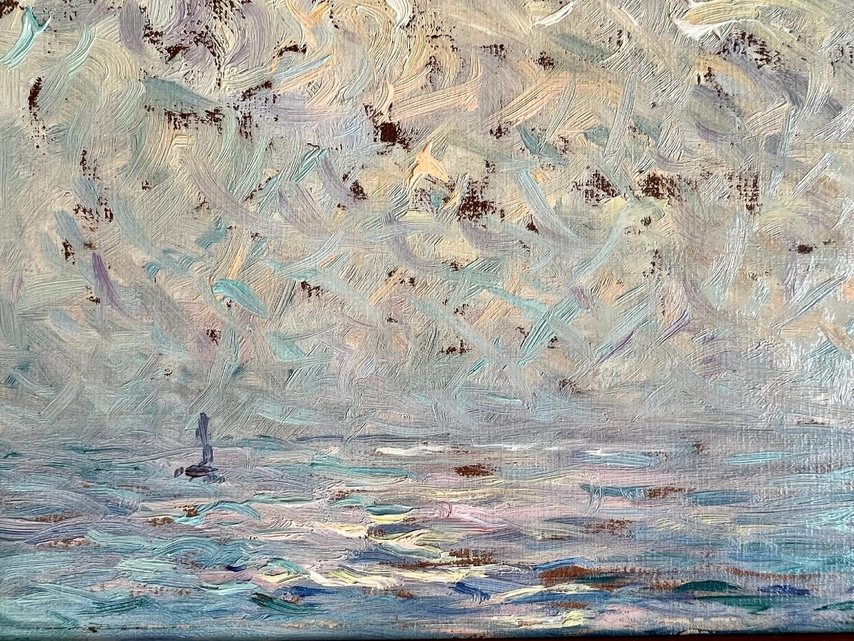 Pleine mer plein soleil.  Georges Ricard-Cordingley (1873-1939). Huile sur panneau.-photo-2