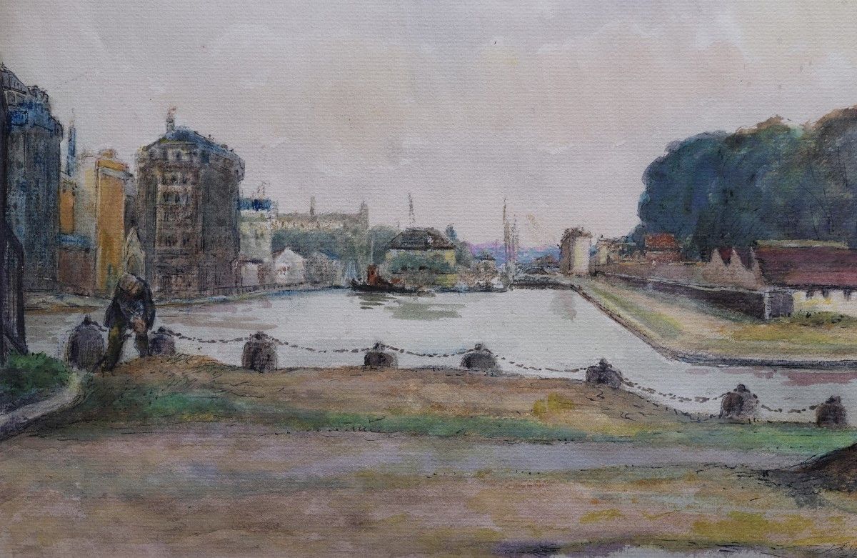 Paris, le canal St Martin.. Gouache sur papier. Charles BETOUT. XXème siècle