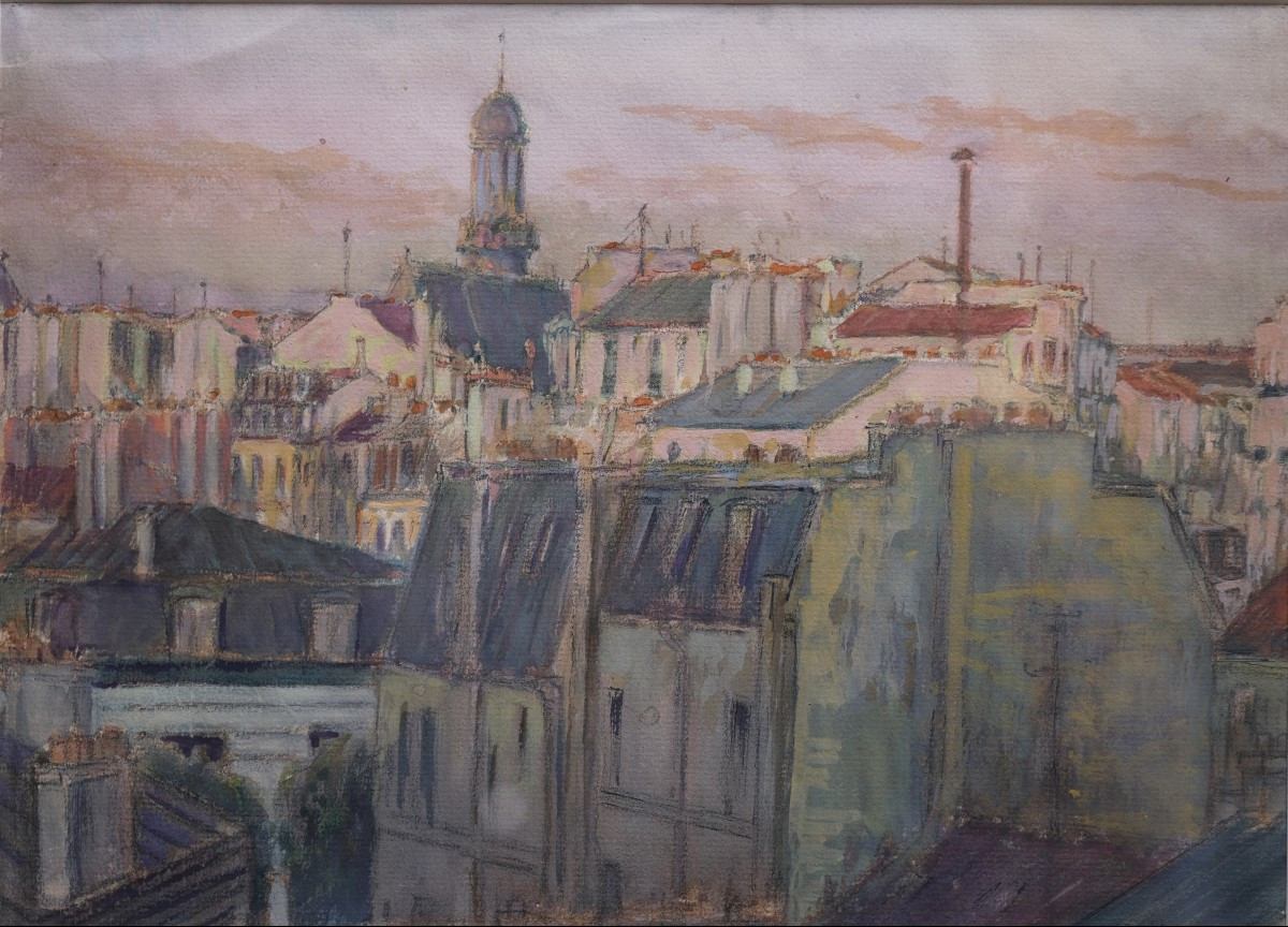 Vue sur les toits. Gouache sur papier. Charles BETOUT. 1943