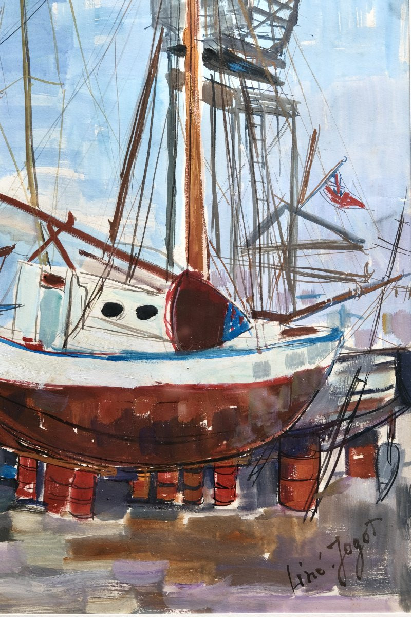 Bateau sur cale – Aquarelle de Liné Jagot XXème - Port de Cannes-photo-2