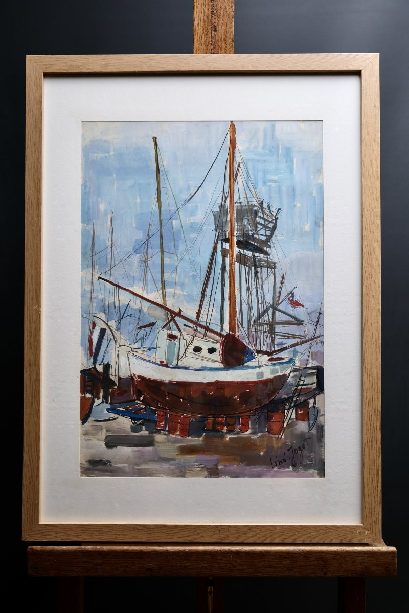 Bateau sur cale – Aquarelle de Liné Jagot XXème - Port de Cannes-photo-3