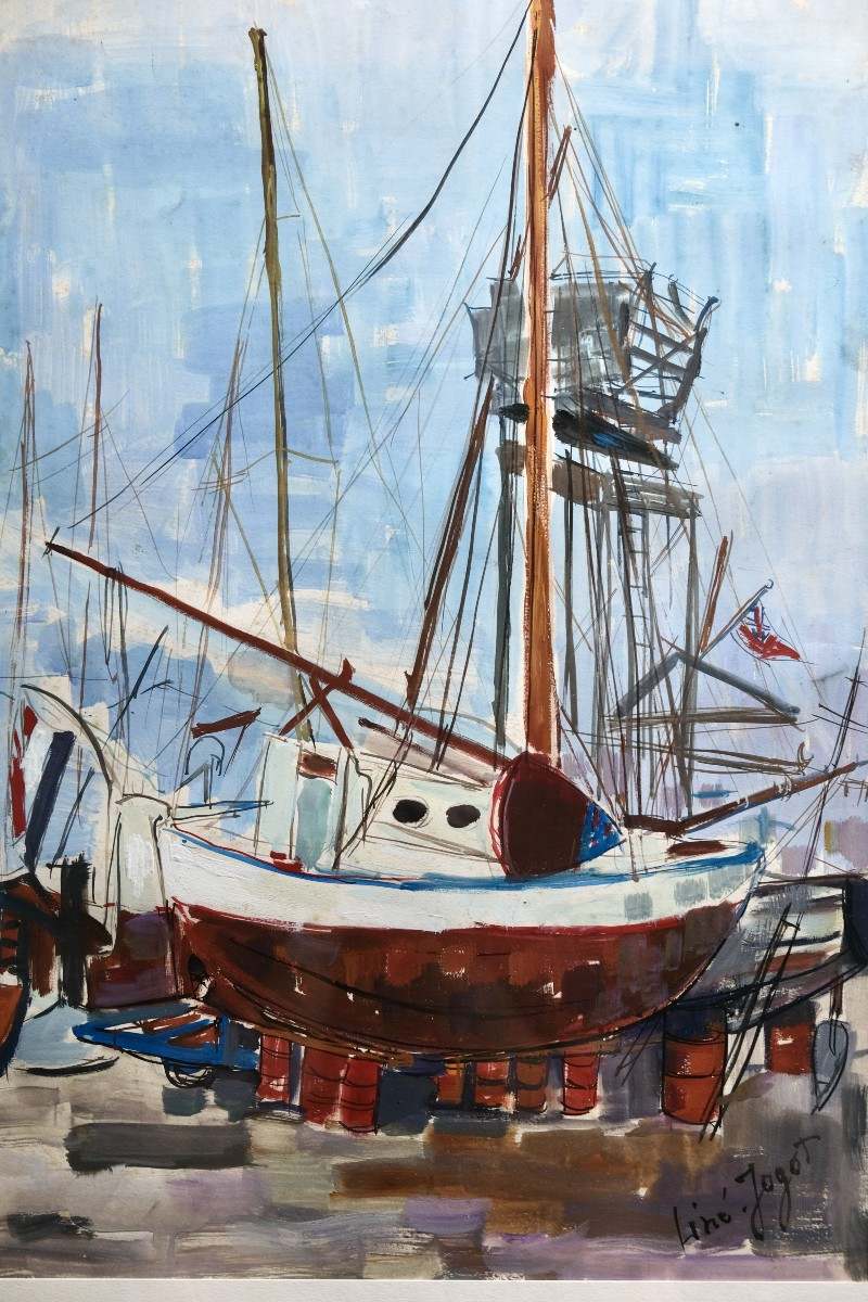 Bateau sur cale – Aquarelle de Liné Jagot XXème - Port de Cannes