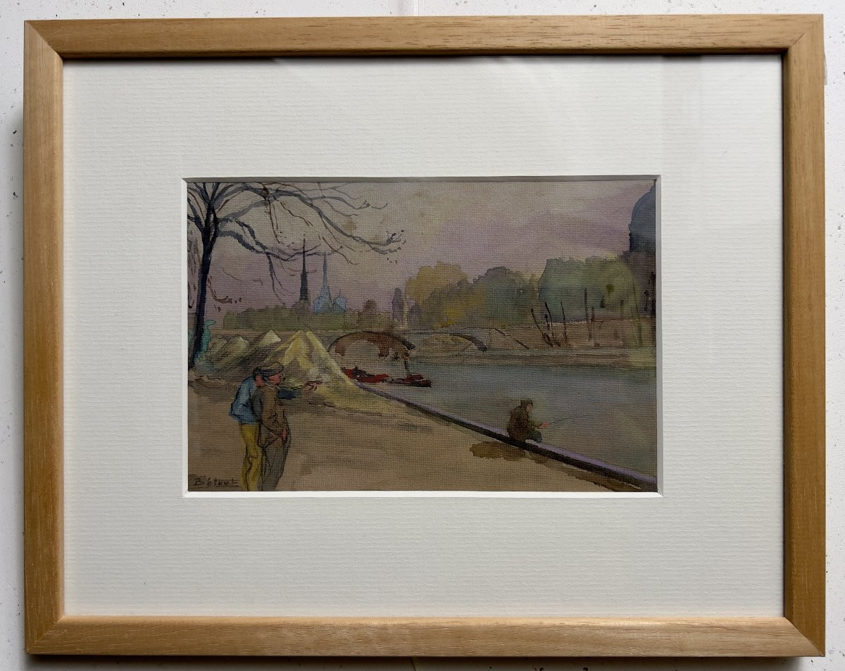Dessin gouache et aquarelle - Bords de seine - Pêcheur - XXème Charles BETOUT-photo-2