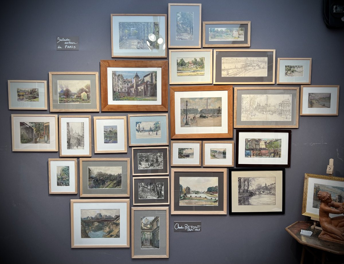 Dessin gouache et aquarelle - Bords de seine - Pêcheur - XXème Charles BETOUT-photo-4