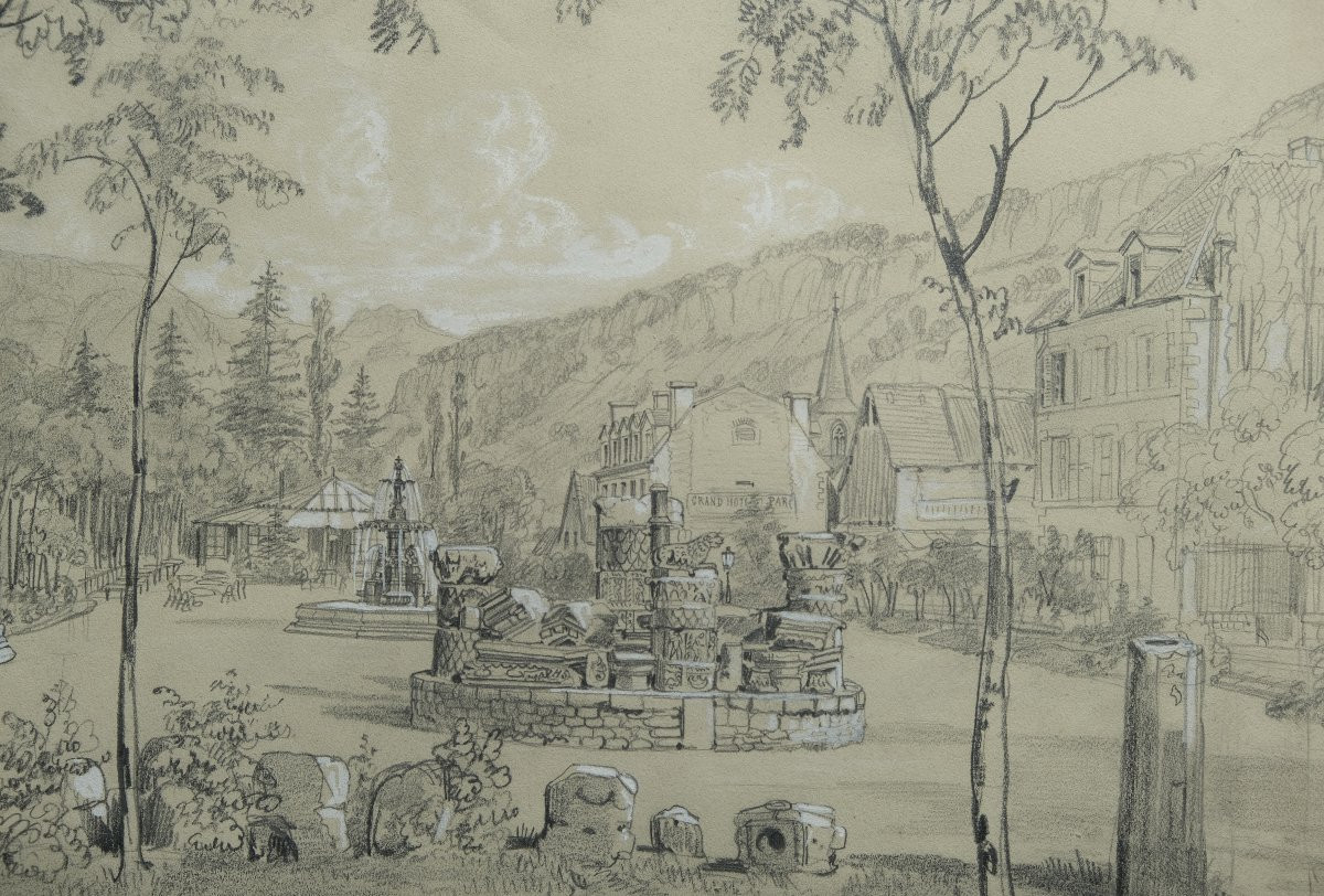 Drawing By Felix Benoist - 19th Century - Auvergne Region - Mont Dore - Place De La Fontaine-photo-3