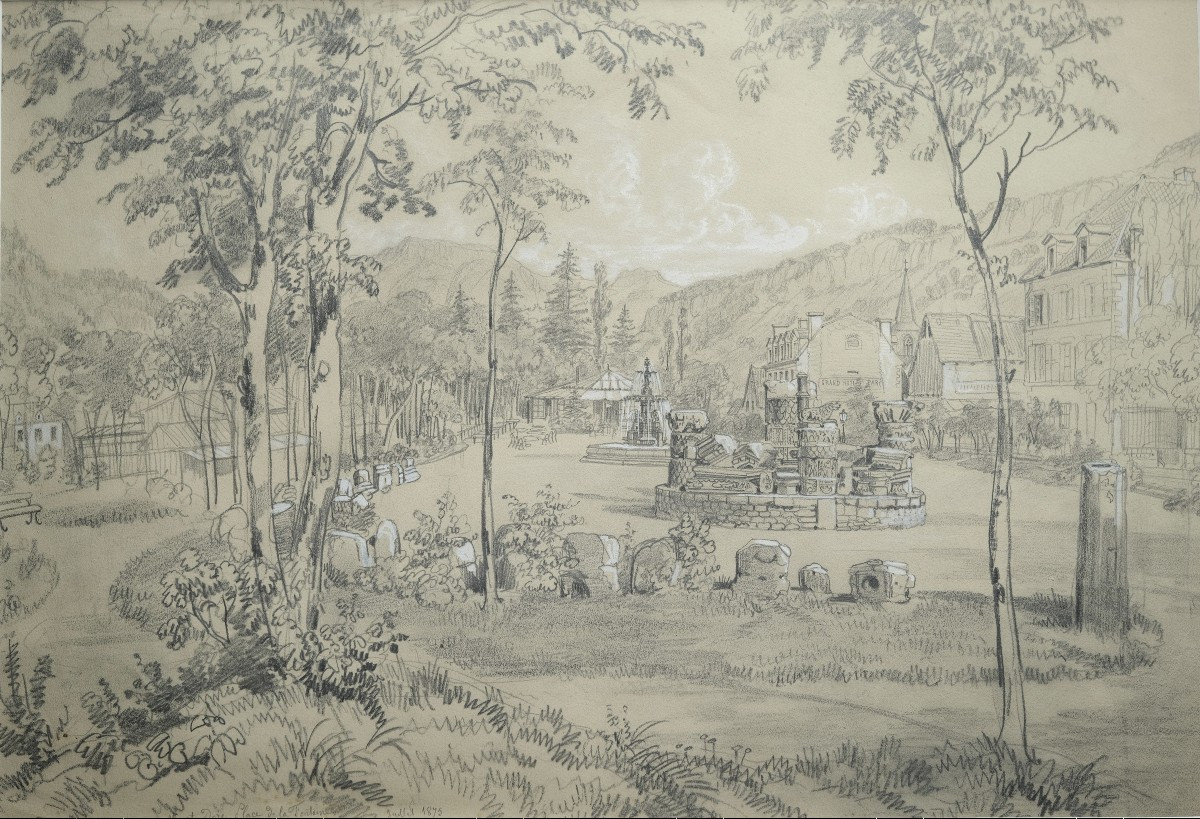 Drawing By Felix Benoist - 19th Century - Auvergne Region - Mont Dore - Place De La Fontaine