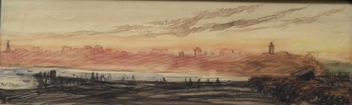 Aquarelle Soleil couchant sur la ville d'Alger - Paul CIROU - XXème-photo-2
